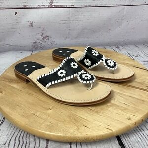 Jack Rogers Georgica Sandals Black White Whipstitch Thong Flat Womens Size 7